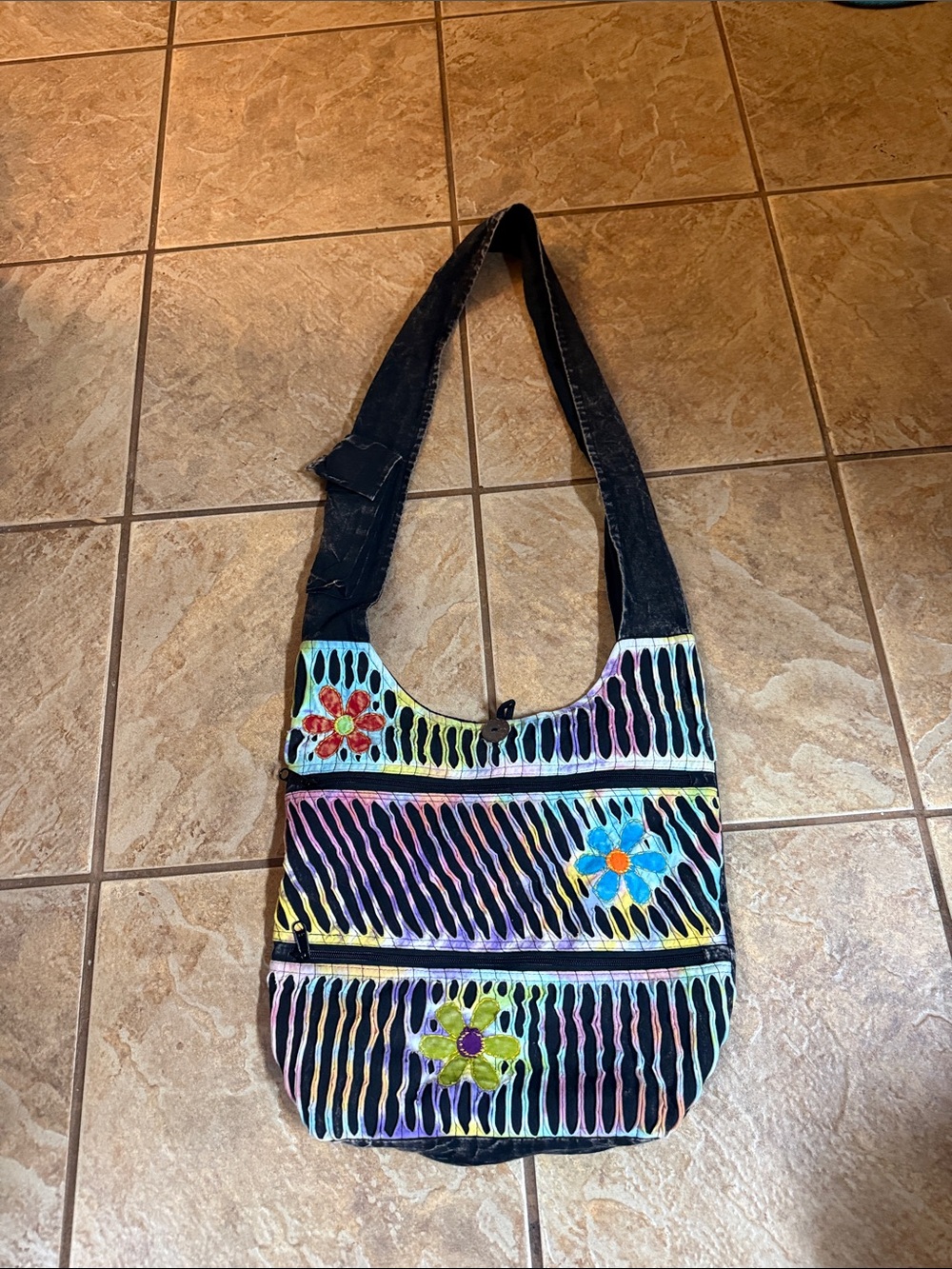 Handcrafted Multicolor Floral Shoulder Bag - Black Strap